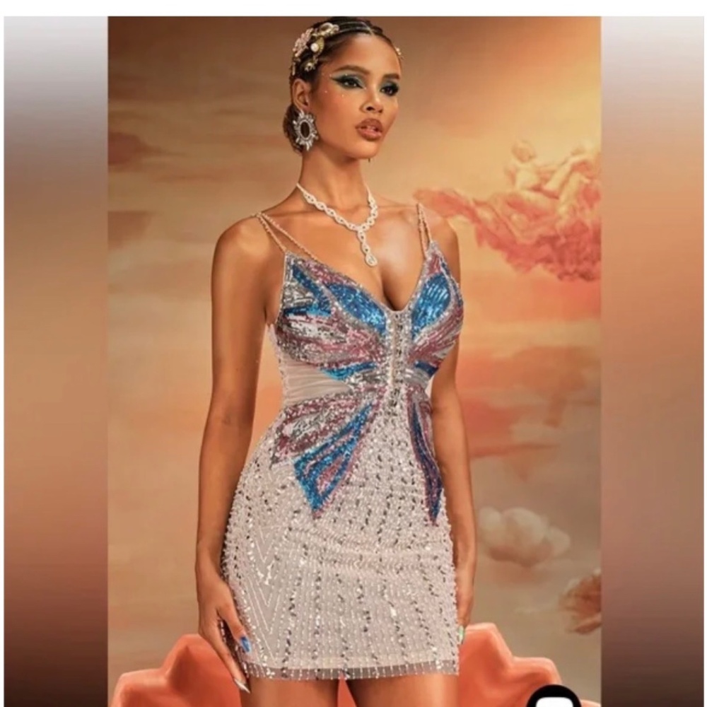 NEVER WORN Mew Mews Quenelle Spaghetti Kelebek Butterfly Sequin Dress L